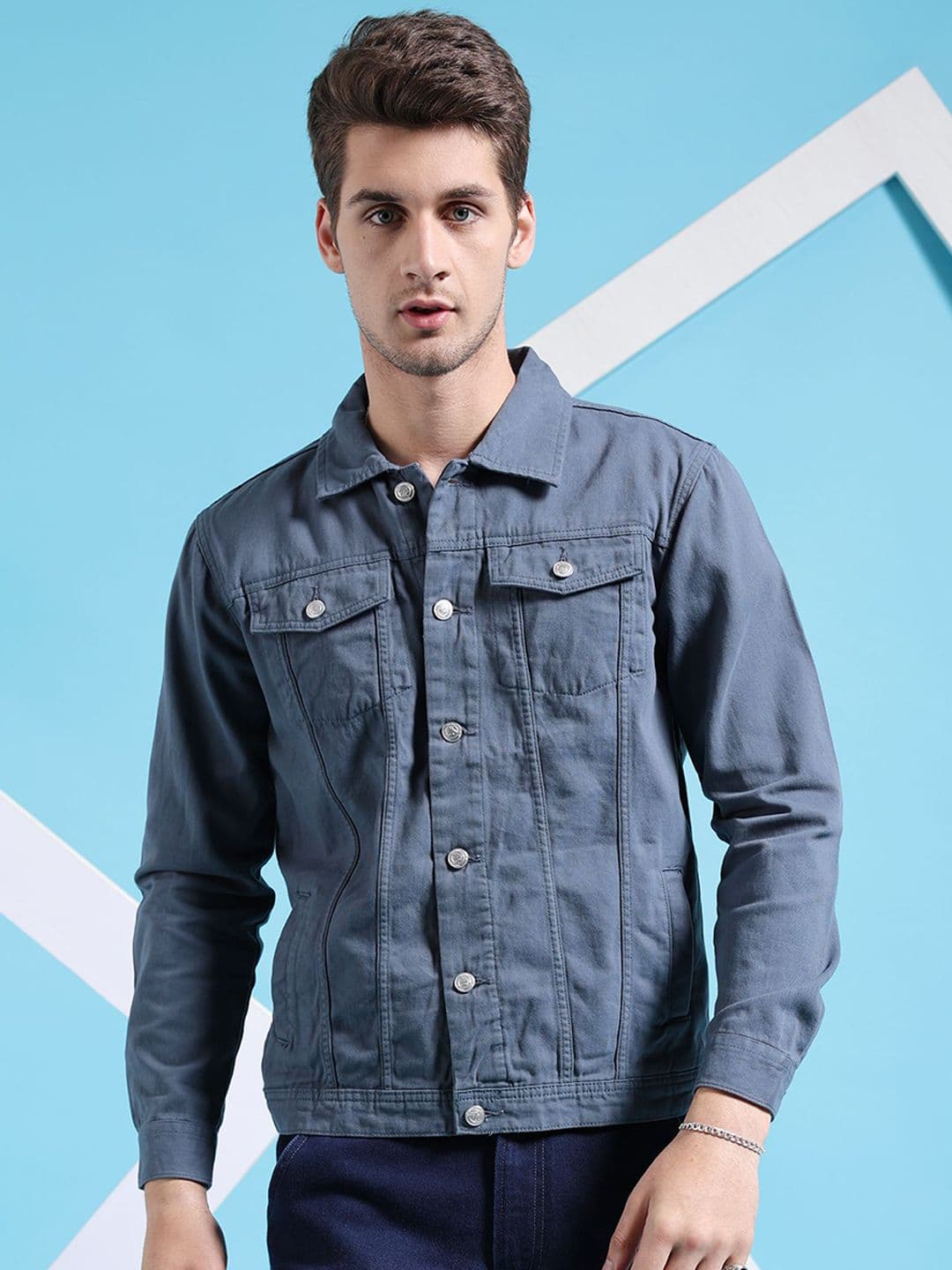 The Indian Garage Co Men Slim Fit Denim Trucker Jacket with Double Flap Pockets - view 1