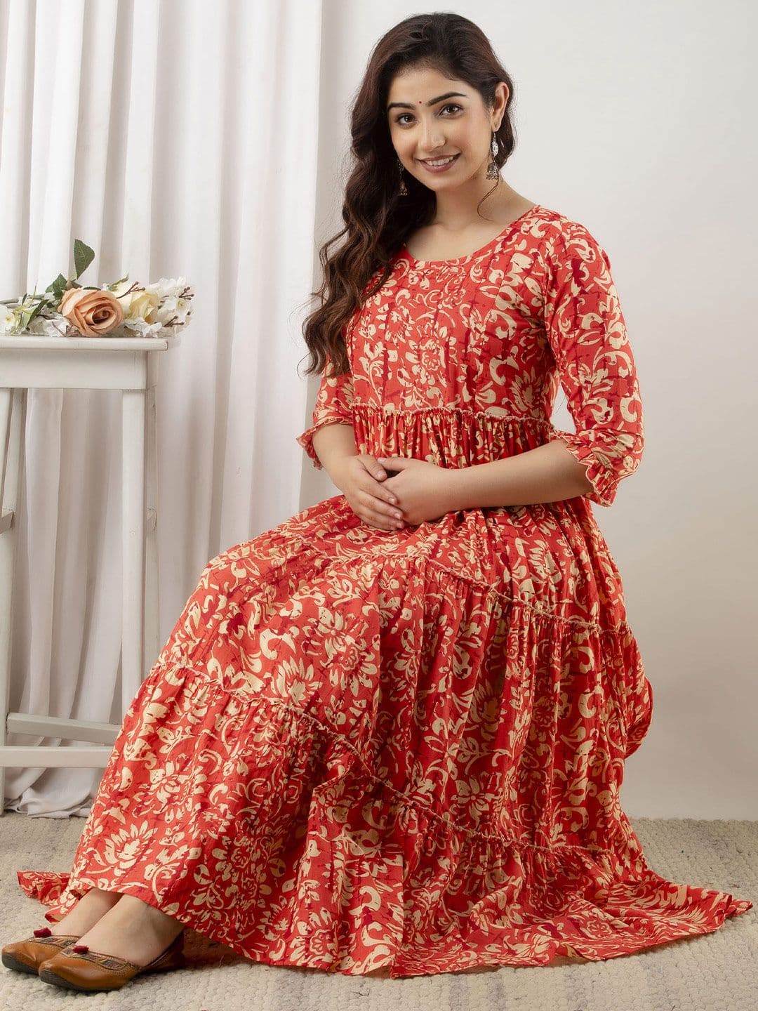 VARICOS Women Floral Printed Tiered Maternity Cotton A-Line Dress - view 1