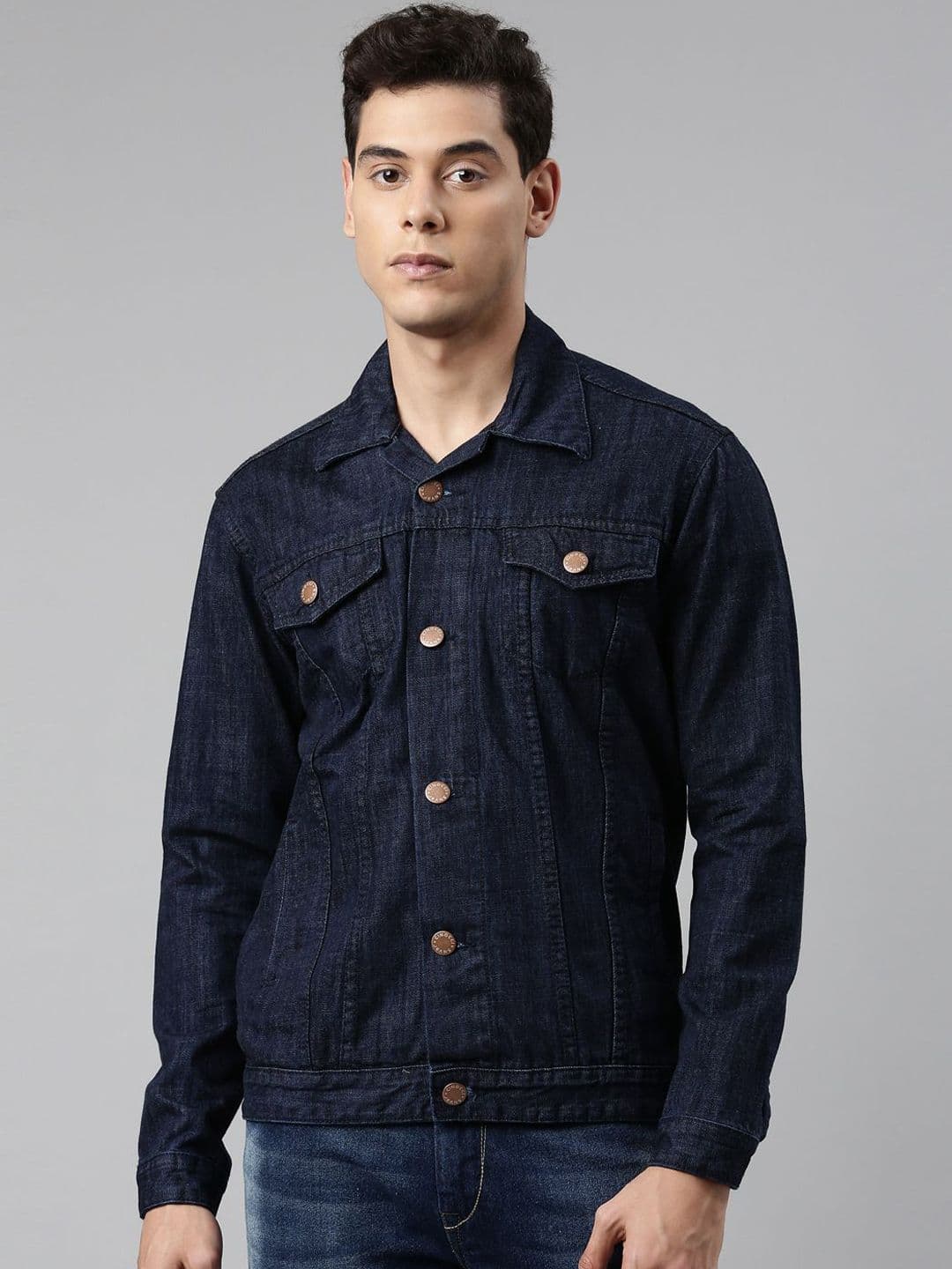 CINOCCI Men Spread Collar Solid Cotton Casual Denim Jacket - view 1
