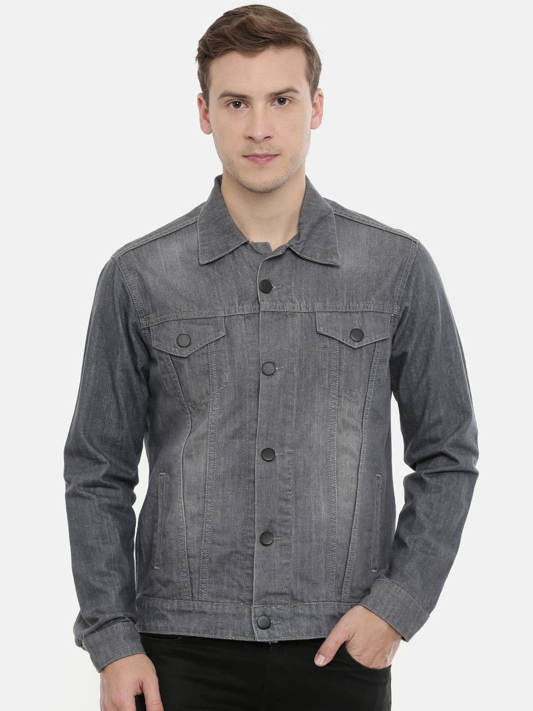 CINOCCI Men Spread Collar Washed Self Design Cotton Casual Denim Jacket - view 1