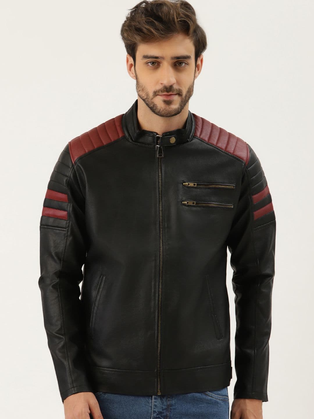 Leather Retail Men Mandarin Collar Solid PU Casual Biker Jacket - view 1