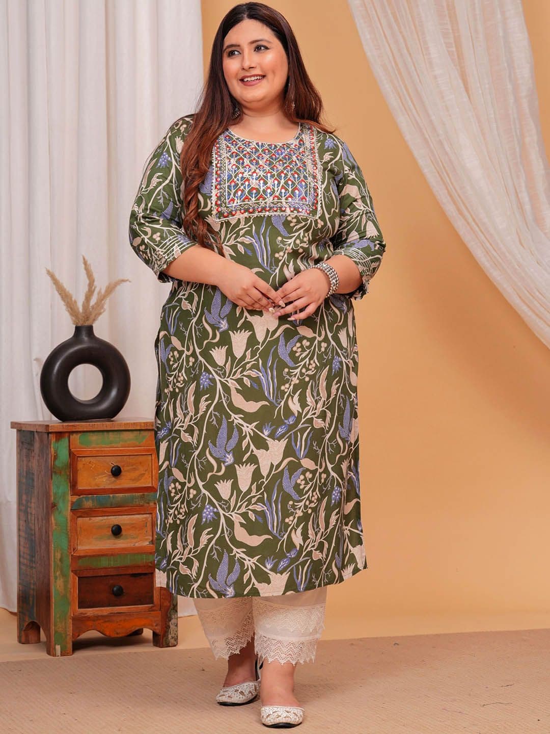 LABULY Plus Size Floral Printed Sequinned Straight Kurta - view 1