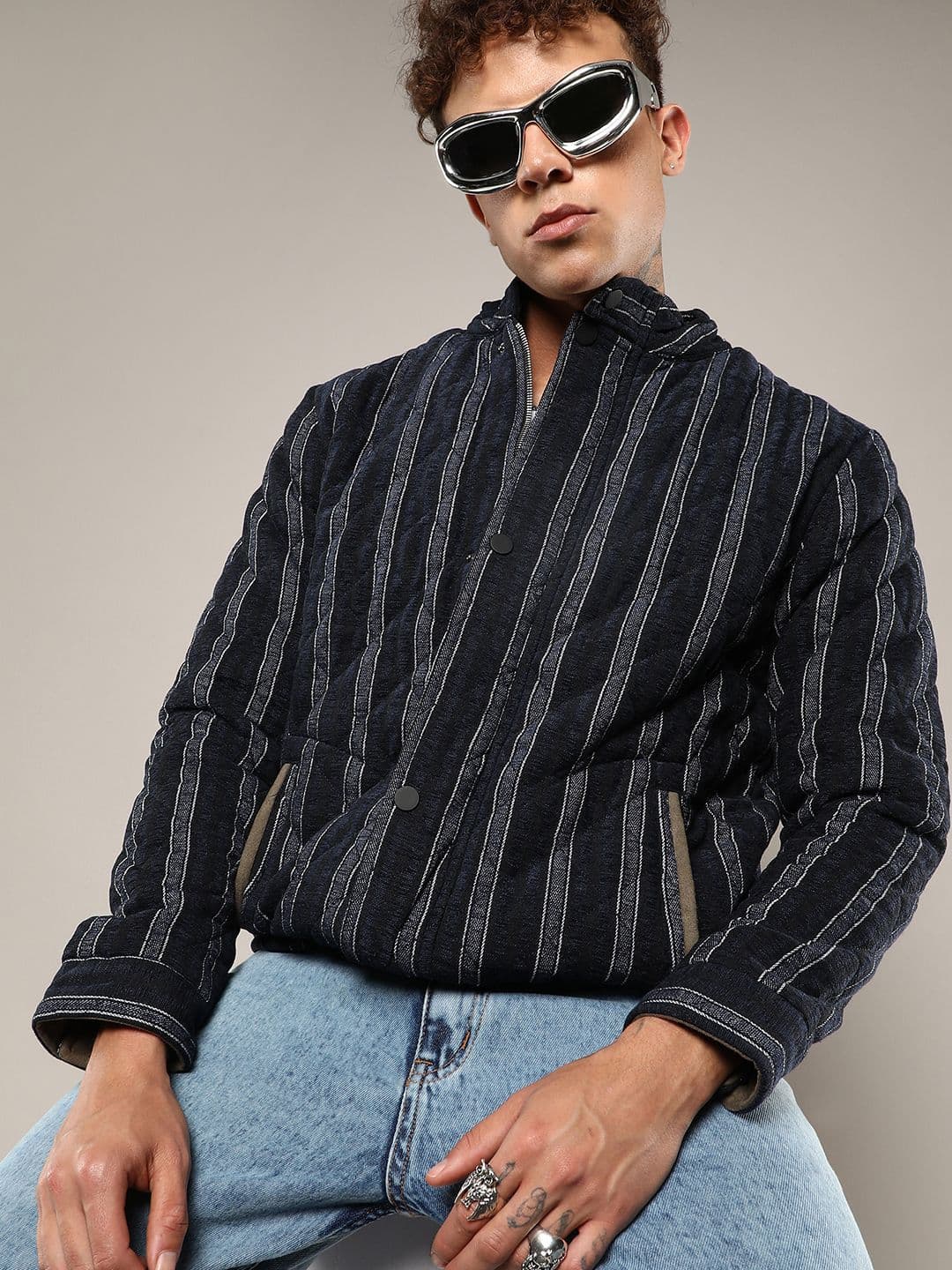 CAHOOT Men Mock Collar Striped Cotton Casual Denim Jacket - view 1