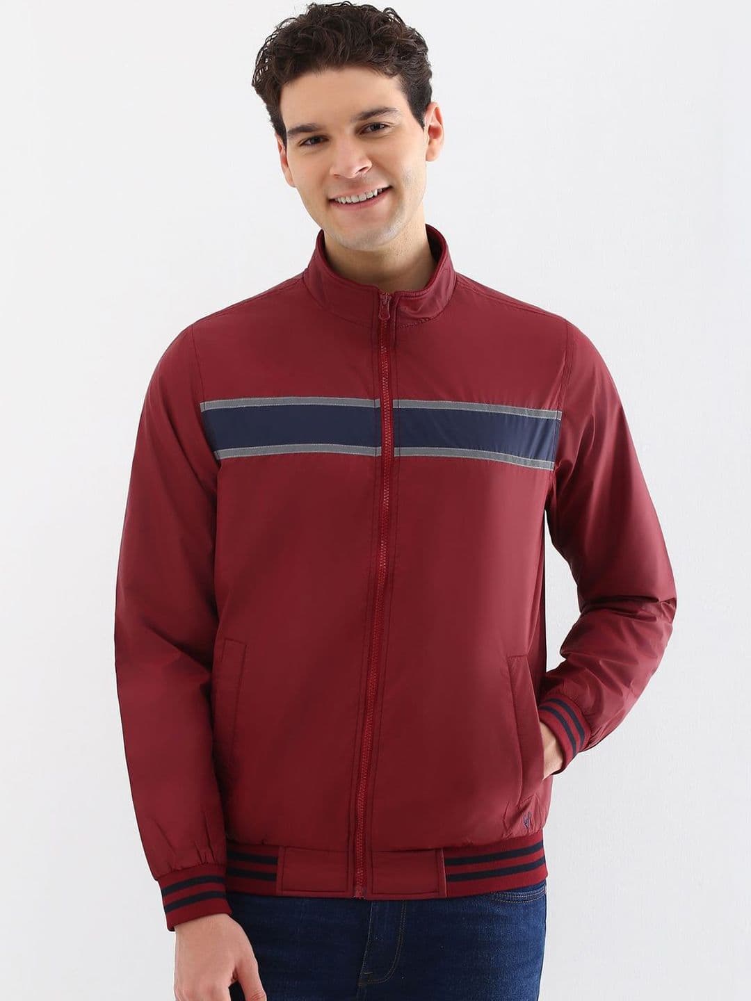 Allen Solly Men Mock Collar Striped Casual Bomber Jacket - view 1