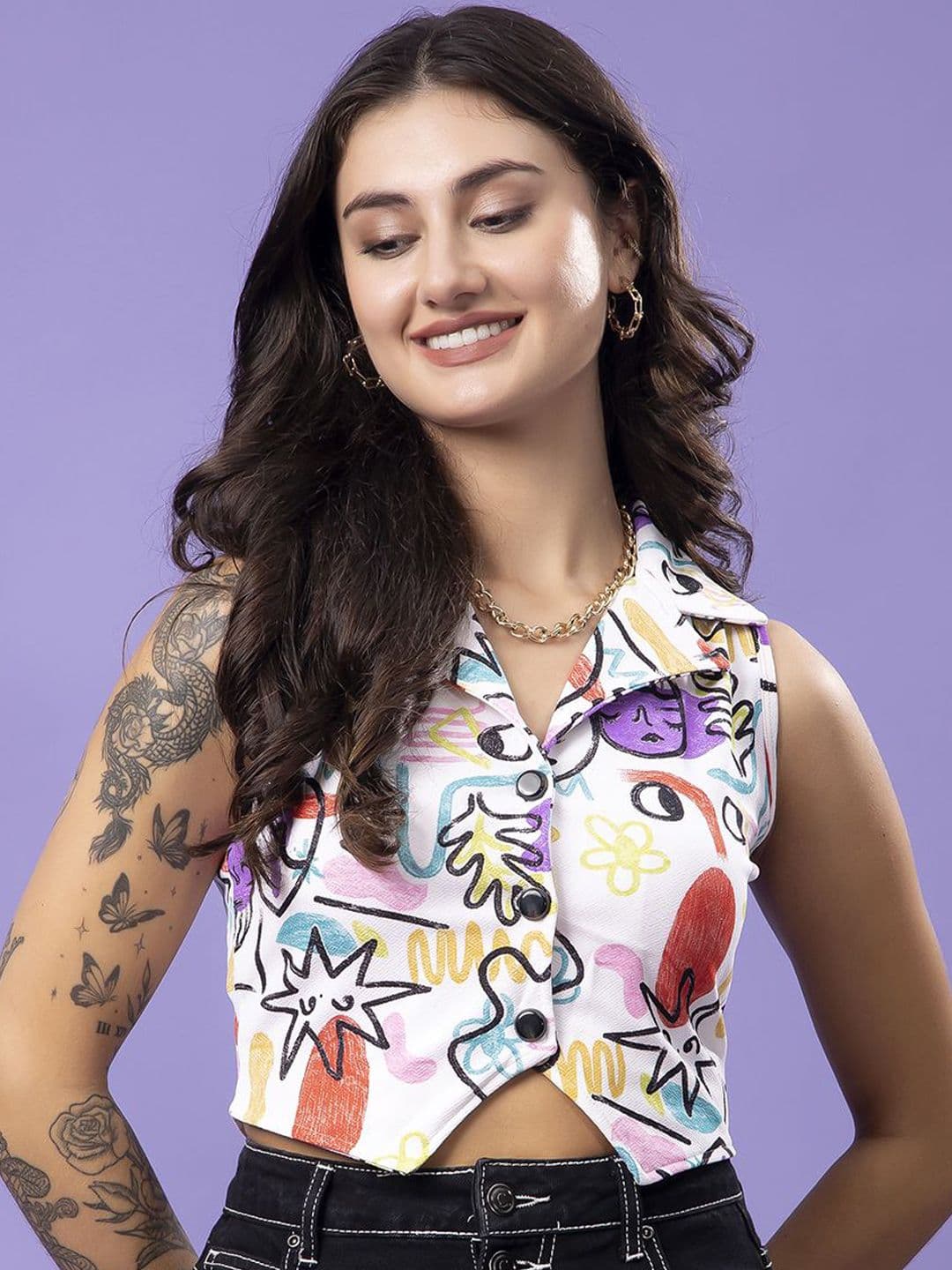 Popwings Geometric Printed V Neck Sleeveless Waistcoat - view 1