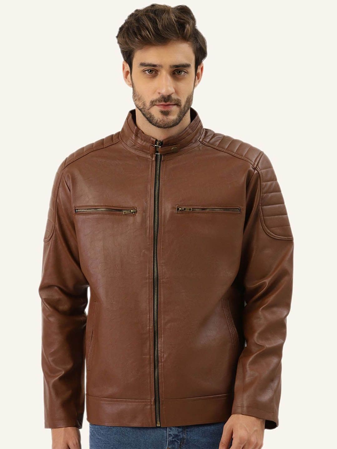 Leather Retail Men Mandarin Collar Solid Casual Biker Jacket - view 1
