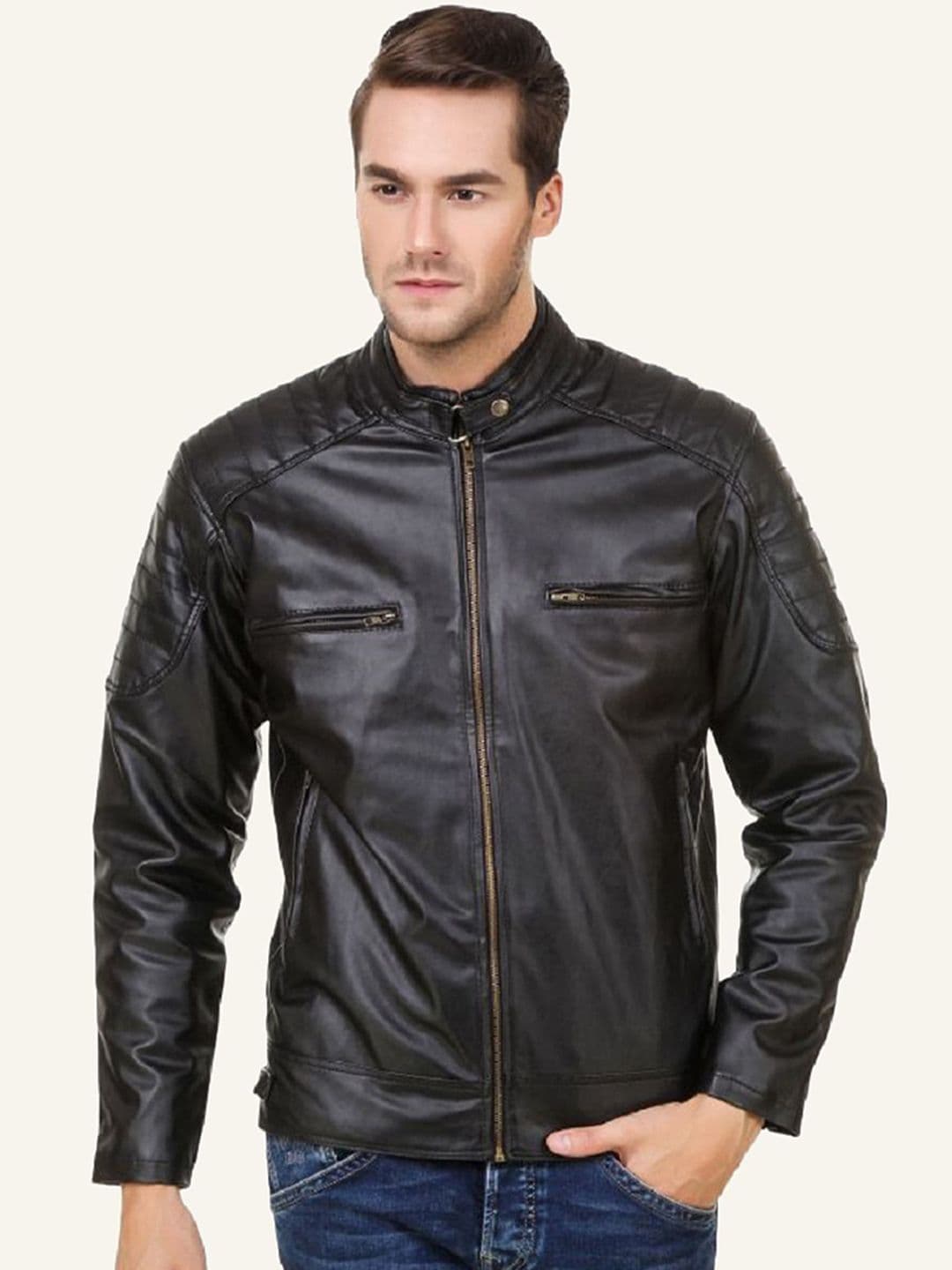 Leather Retail Men Mandarin Collar Solid Casual Biker Jacket - view 1