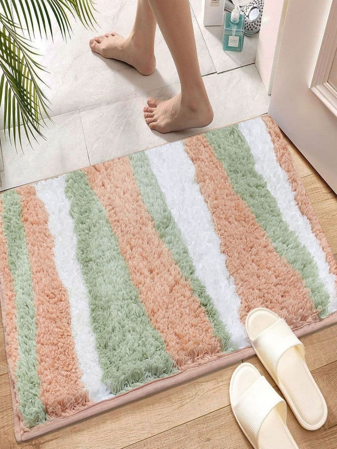 LUXEHOME INTERNATIONAL Pink & Green Striped 2200 GSM Microfiber Bath Rugs - view 1