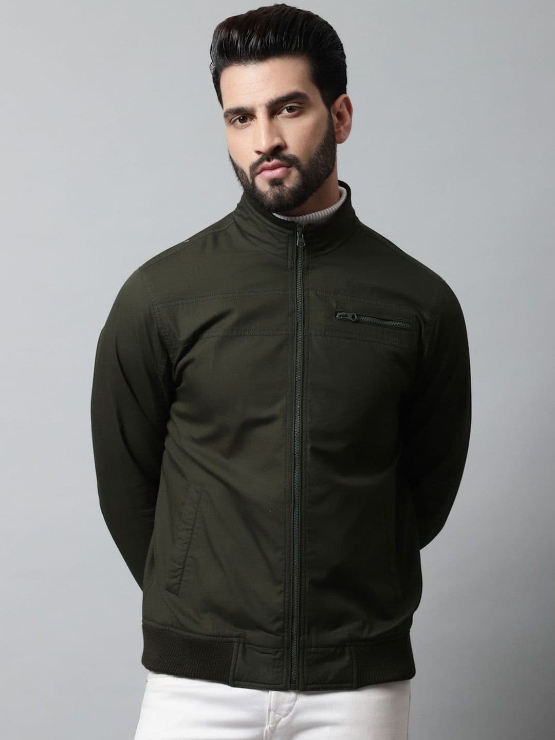 HOUSE OF VEDAS Men Mock Collar Solid Cotton Casual Biker Jacket - view 1