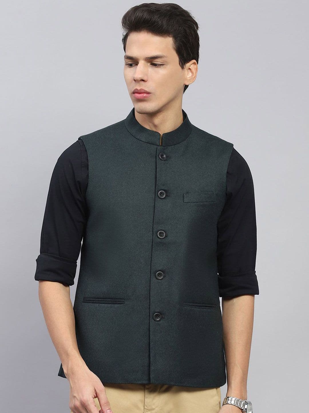 Monte Carlo Men Mandarin Collar Solid Wool Casual Tailored Jacket - view 1