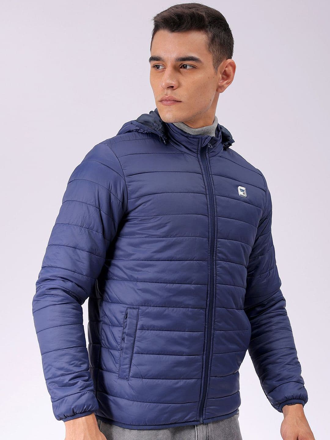 The Indian Garage Co Men Blue Solid Detachable Hood Quilted Jacket - view 1