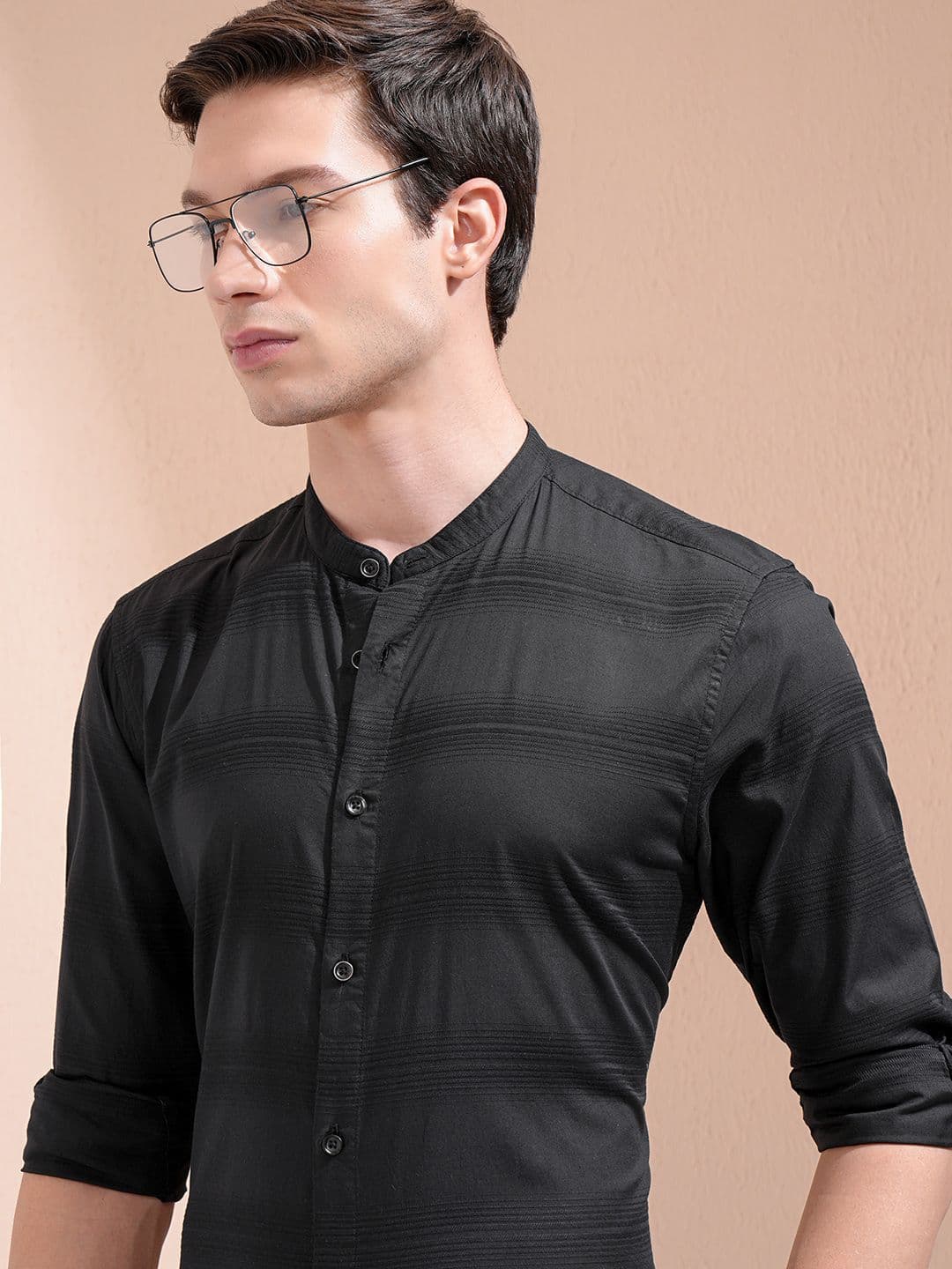 Highlander Men Dobby Textured Striped Mandarin Collar Casual Shirt - view 1