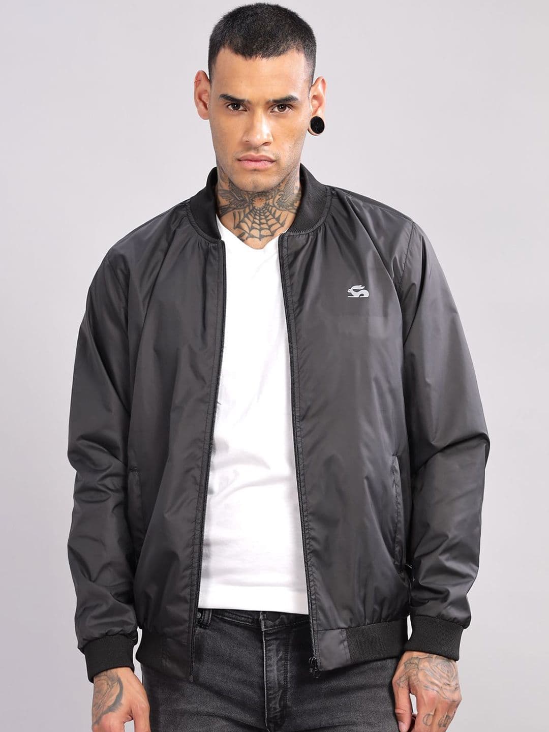 ADRO Men Stand Collar Solid Casual Bomber Jacket - view 1