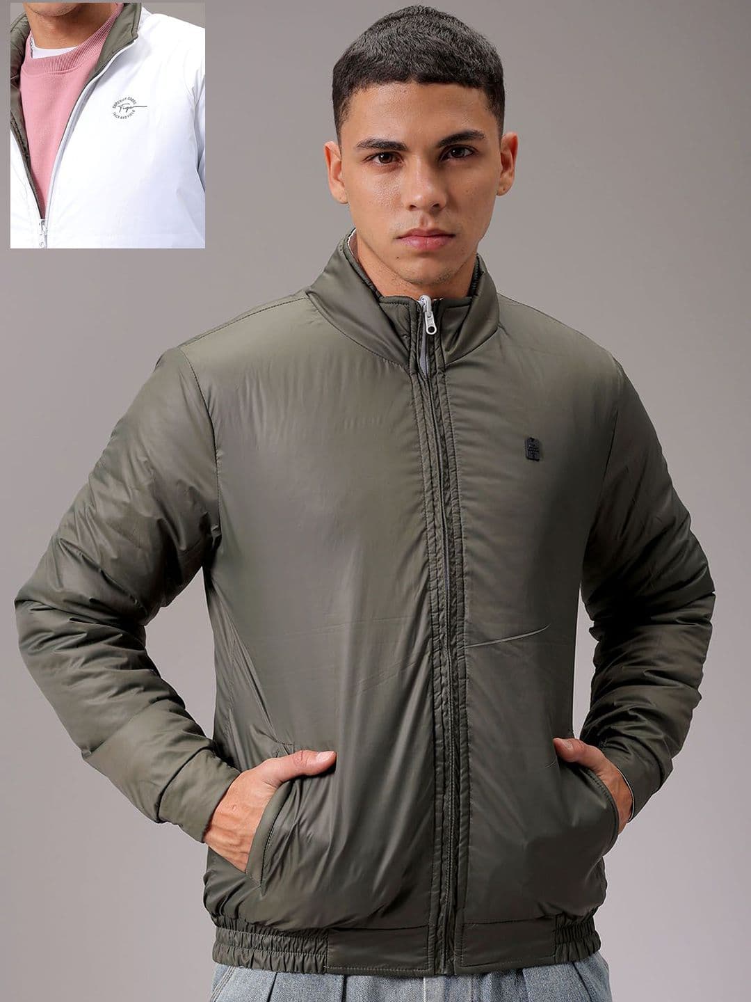 The Indian Garage Co Men High Neck Solid Revesible Bomber Jacket - view 1