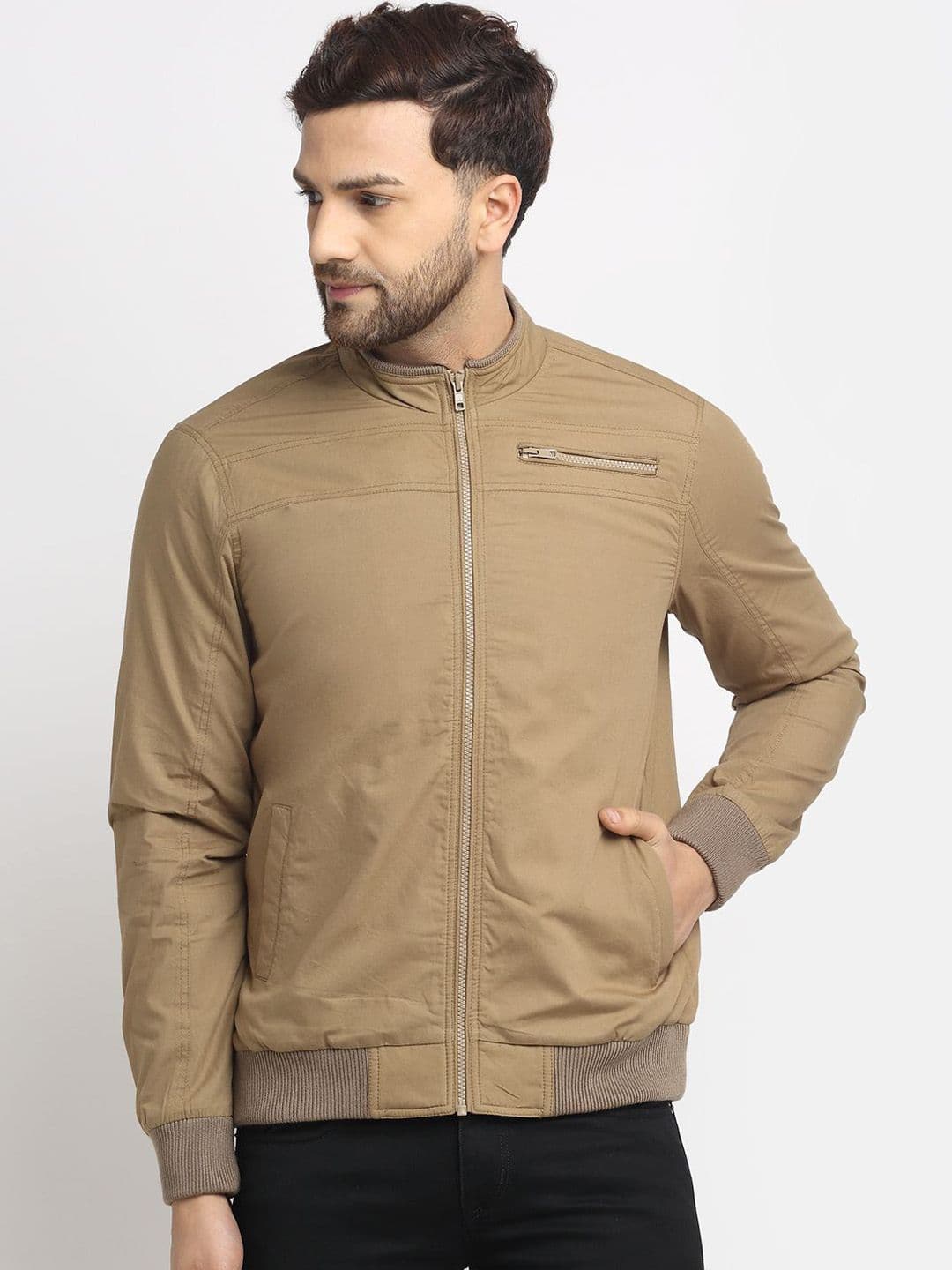 HOUSE OF VEDAS Men Mock Collar Solid Cotton Casual Bomber Jacket - view 1
