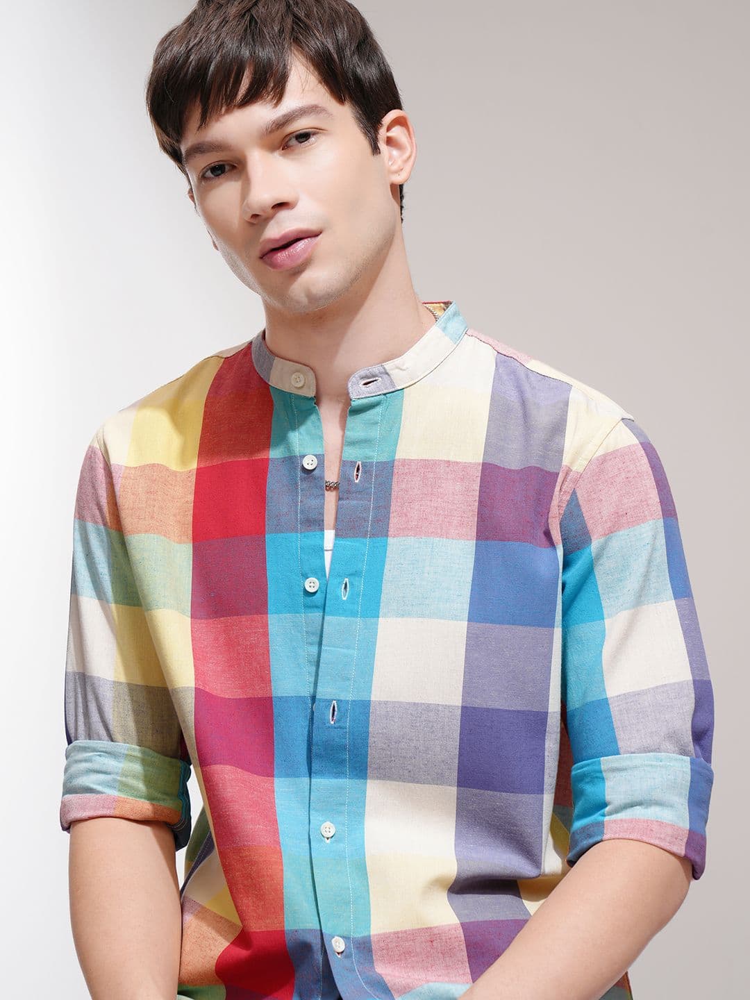 Highlander Men Muicolor Cotton Linen Checked Mandarin Collar Casual Shirt - view 1