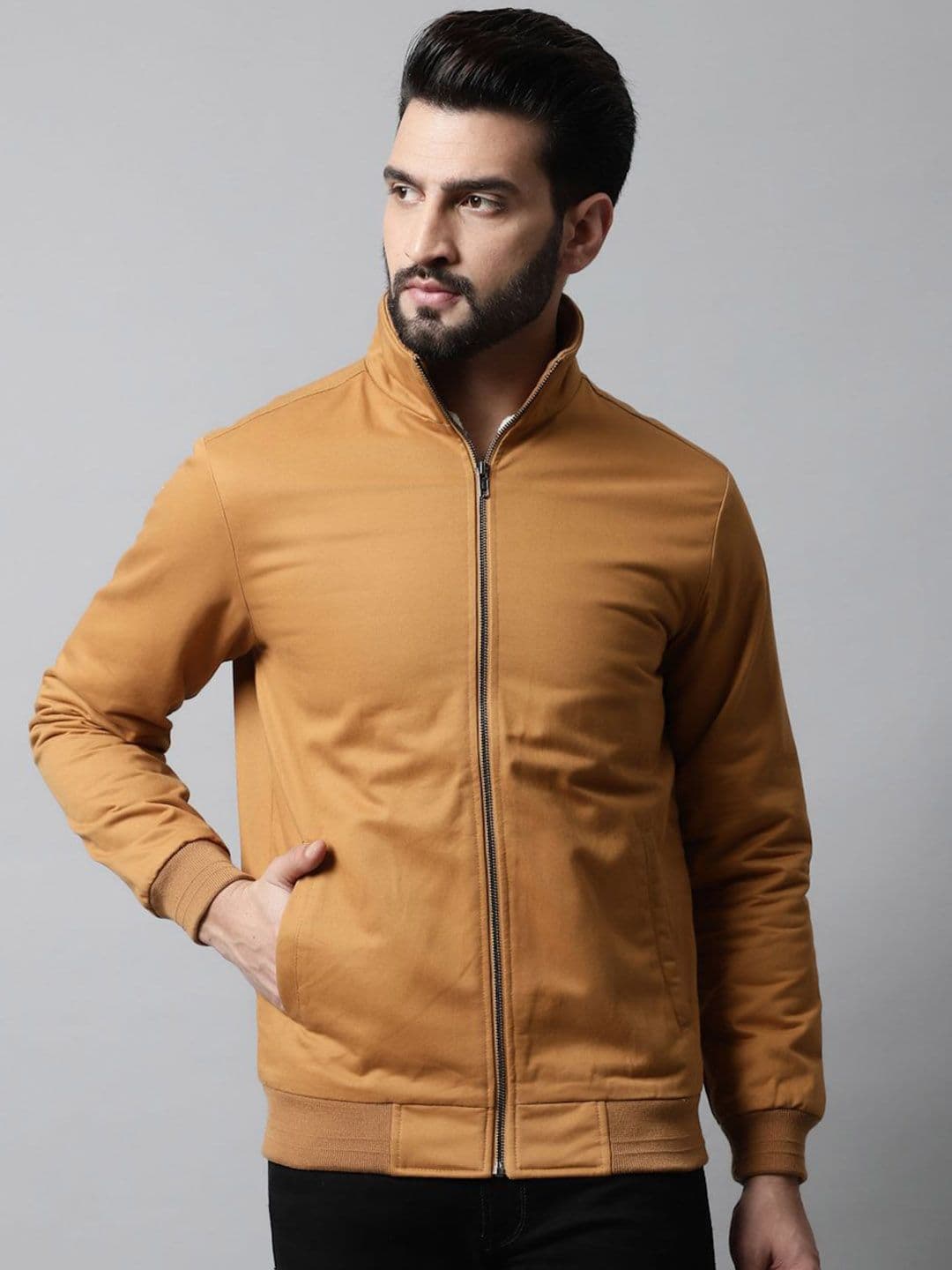 HOUSE OF VEDAS Men Mock Collar Solid Cotton Casual Bomber Jacket - view 1