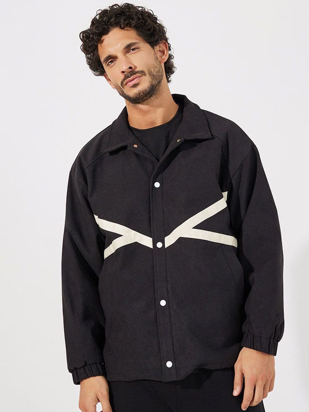 Styli Men Contrast Stripes Windbreaker Shirt Jacket with Button Up Detail - view 1