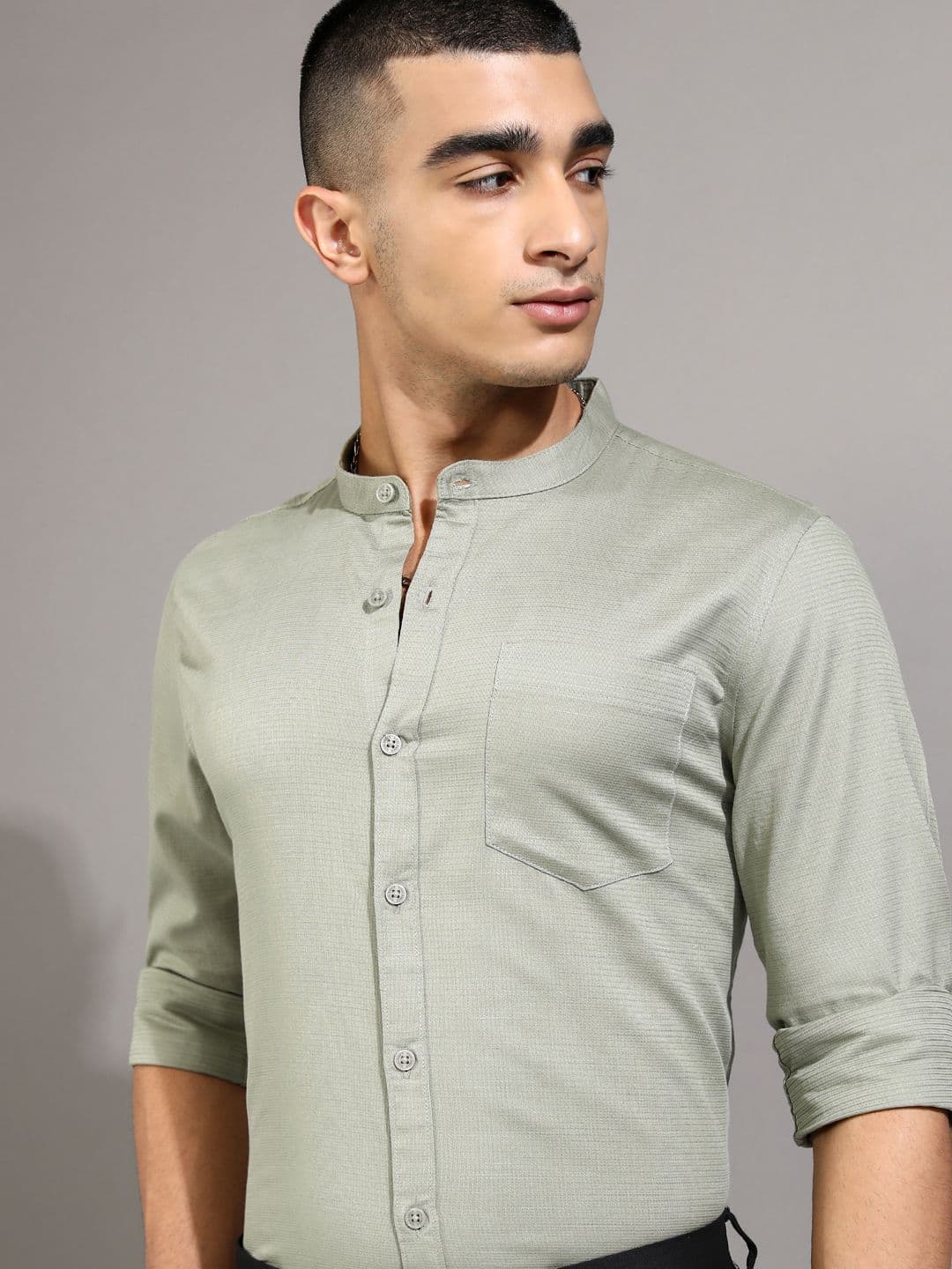 Highlander Men Olive Jacquard Textured Solid Mandarin Collar Regular Fit Casual Shirt - view 1