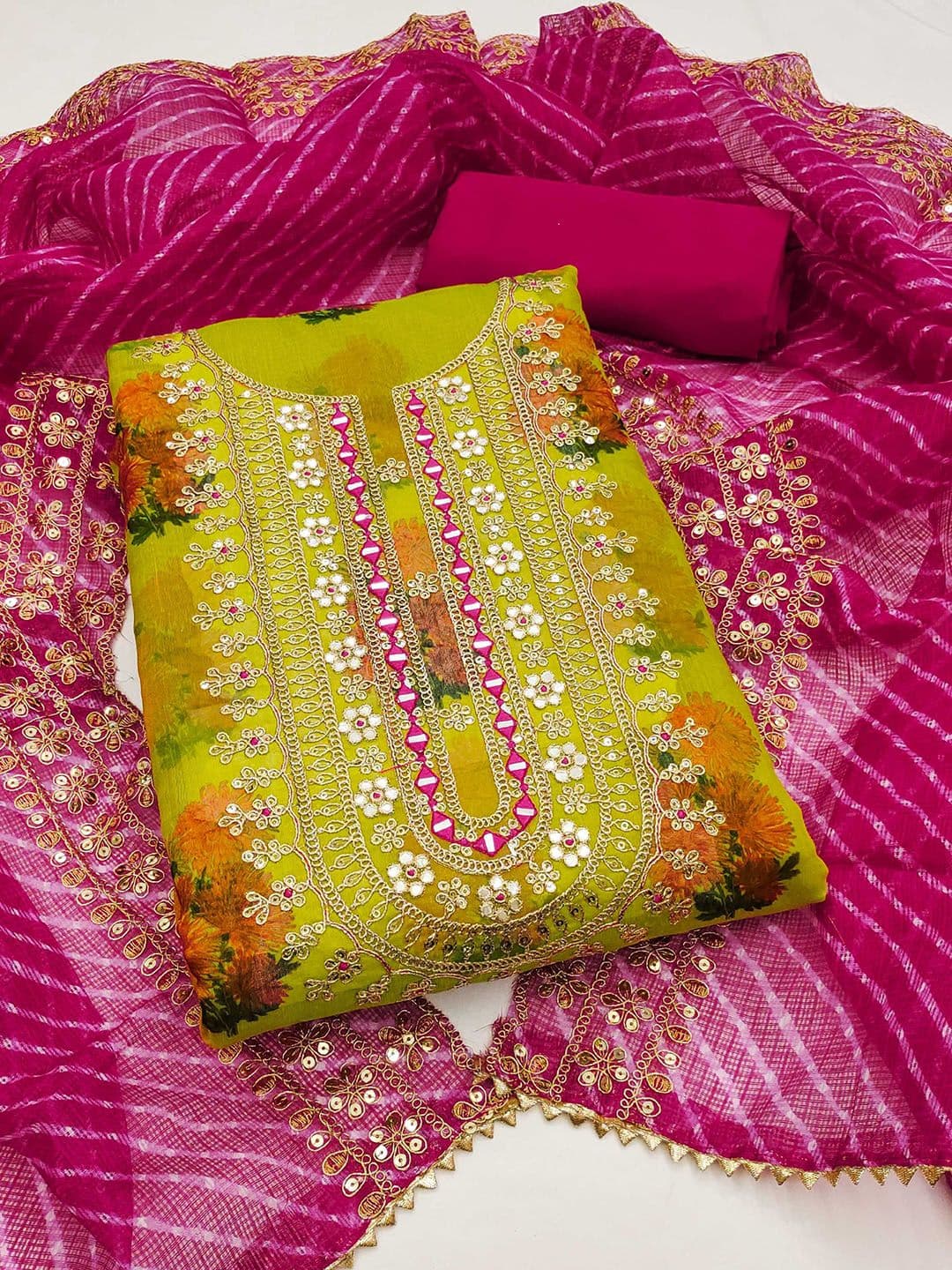 KALINI Floral Digital Printed Mirror Work Chanderi Silk Unstitched Dress Material - view 1