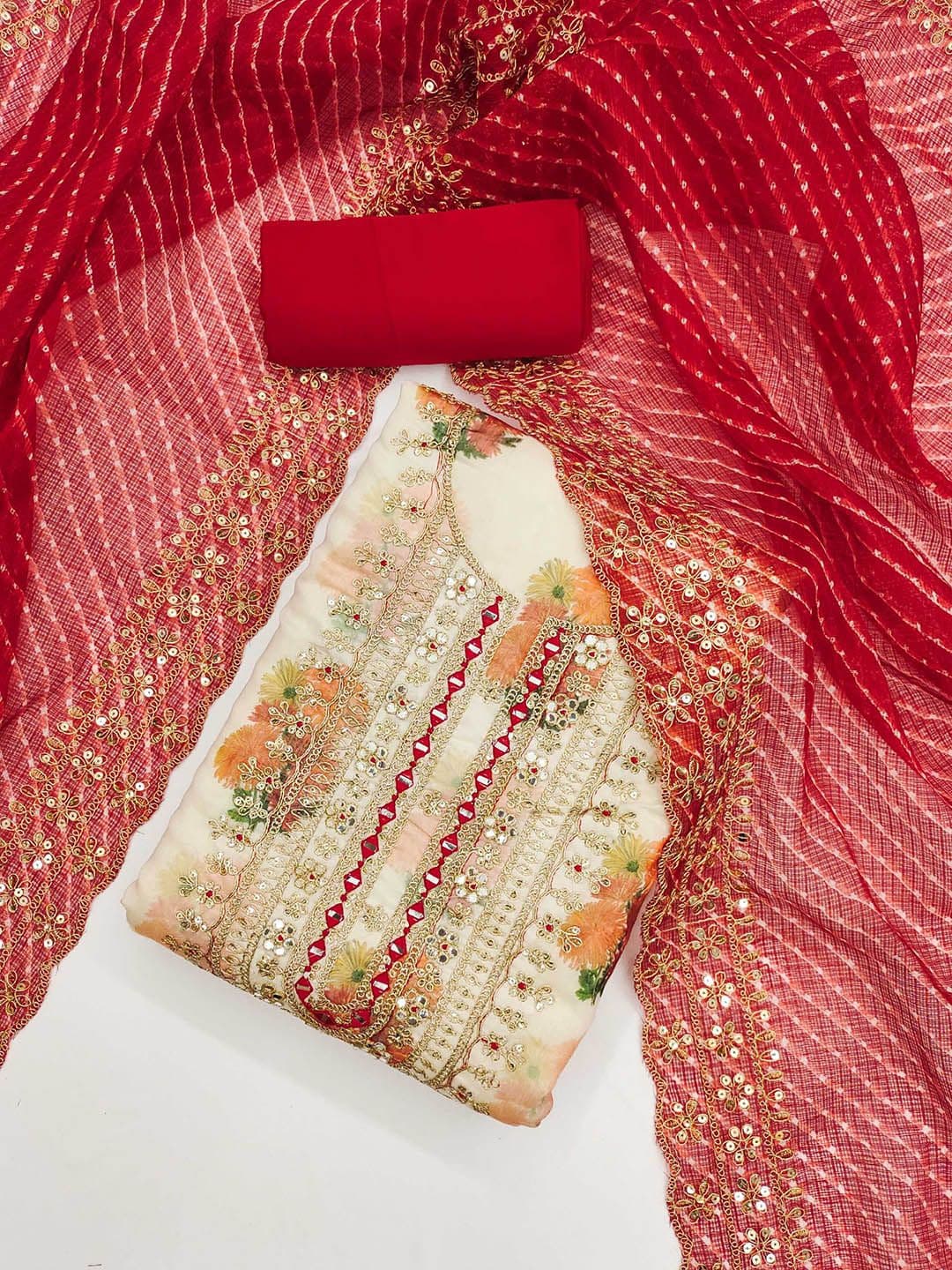 KALINI Floral Digital Printed Mirror Work Chanderi Silk Unstitched Dress Material - view 1