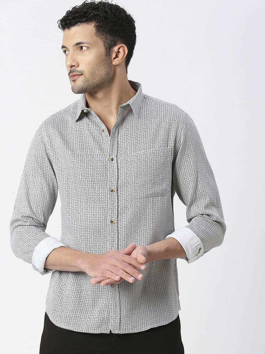 SNX Men Spread Collar Micro Ditsy Printed Cotton Casual Shirt - view 1