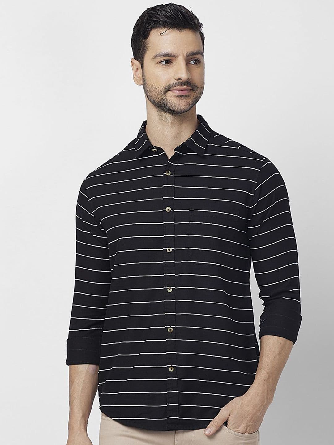 SNX Men Spread Collar Horizontal Striped Cotton Casual Shirt - view 1
