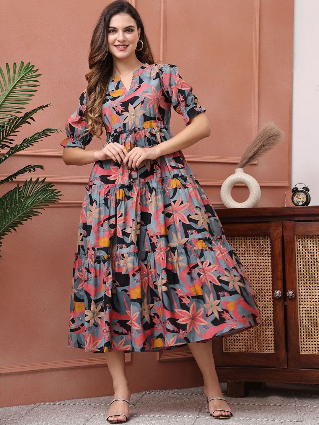 Claura Women Floral Printed Puff Sleeve Fit & Flare Midi Dress - view 1