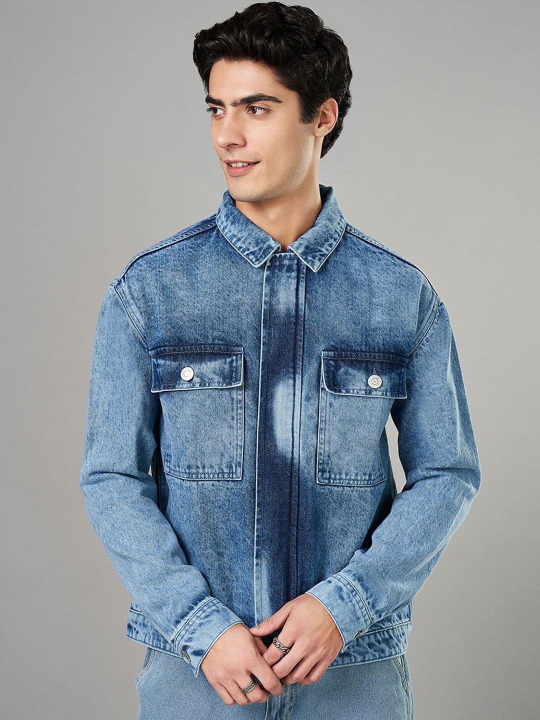 People Men Spread Collar Washed Solid Cotton Casual Denim Jacket - view 1