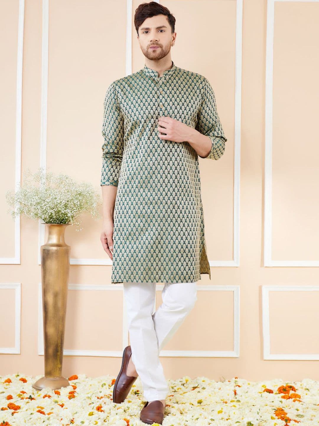 See Designs Ethnic Motifs Woven Design Mandarin Collar Regular Pure Silk Straight Kurta - view 1