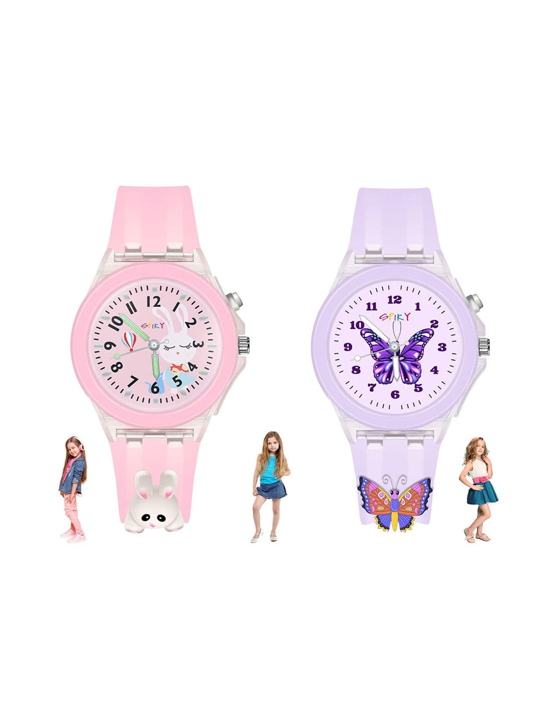 Spiky Girls 3D Cartoon Light Dial & Embellished Straps Analogue Watch Combo_RabButterfly - view 1