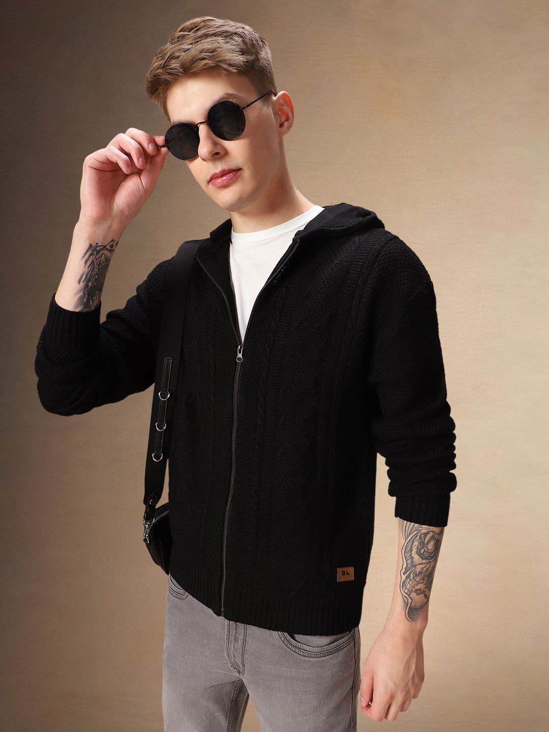 Dennis Lingo Men Black long Sleeves Hooded neck Front Open Zip Closure Cable Knit Cardigan - view 1