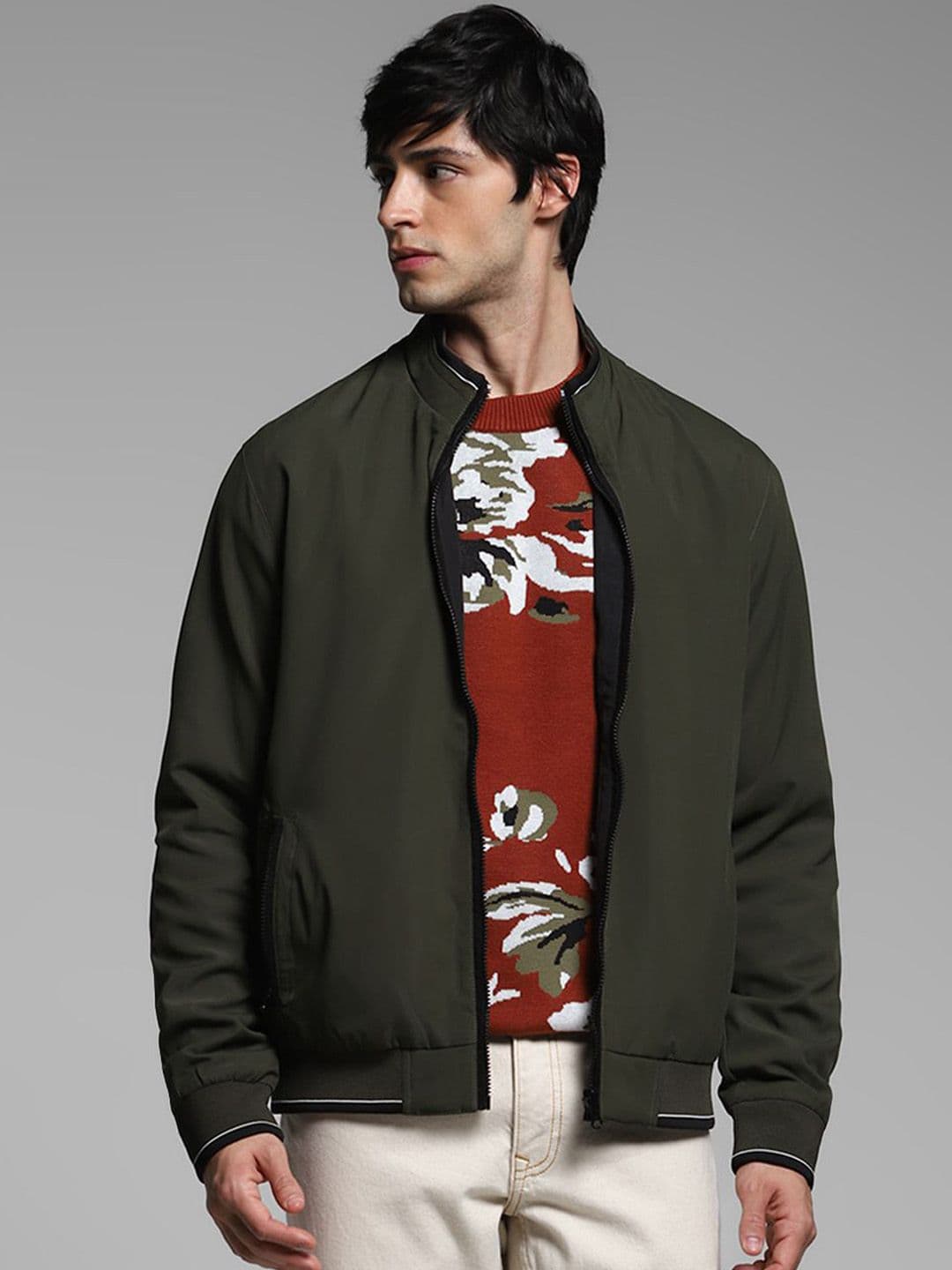 Jack & Jones Men Mock Collar Solid Casual Bomber Jacket - view 1