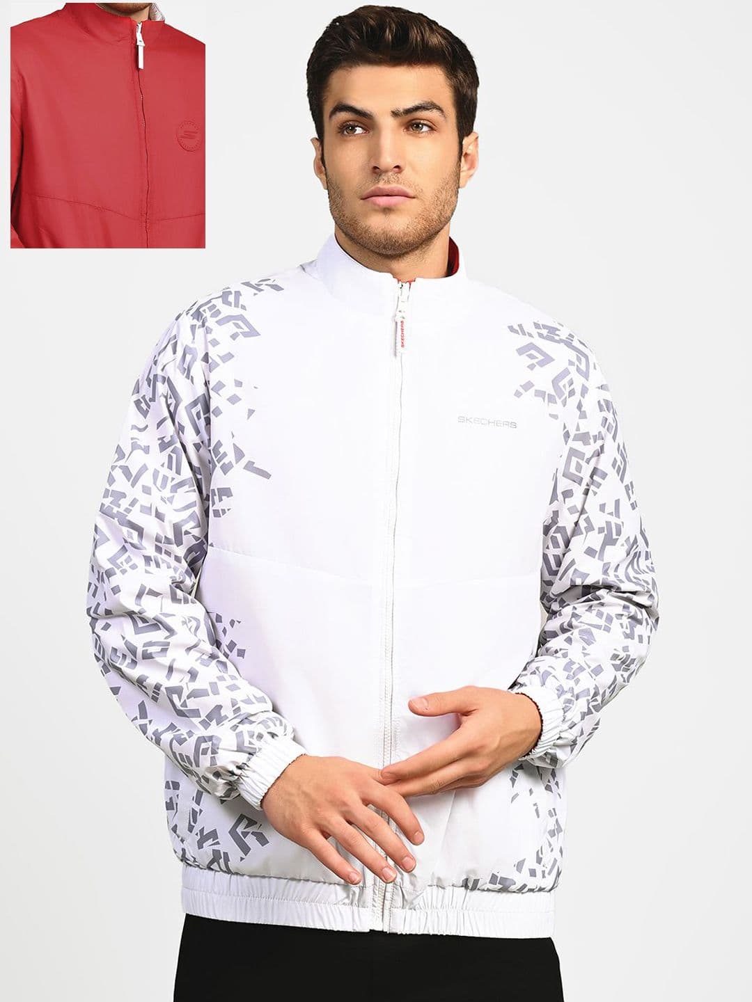 Skechers Men Mock Collar Abstract Printed Casual Bomber Jacket - view 1