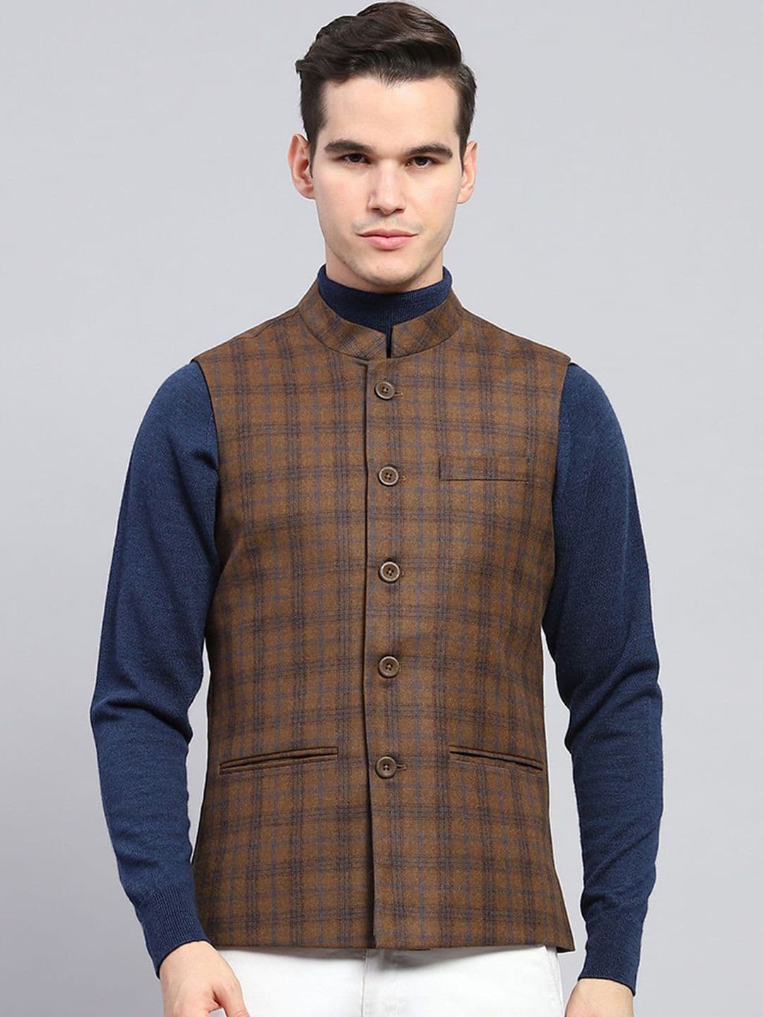 Monte Carlo Men Mandarin Collar Checked Wool Casual Tailored Jacket - view 1