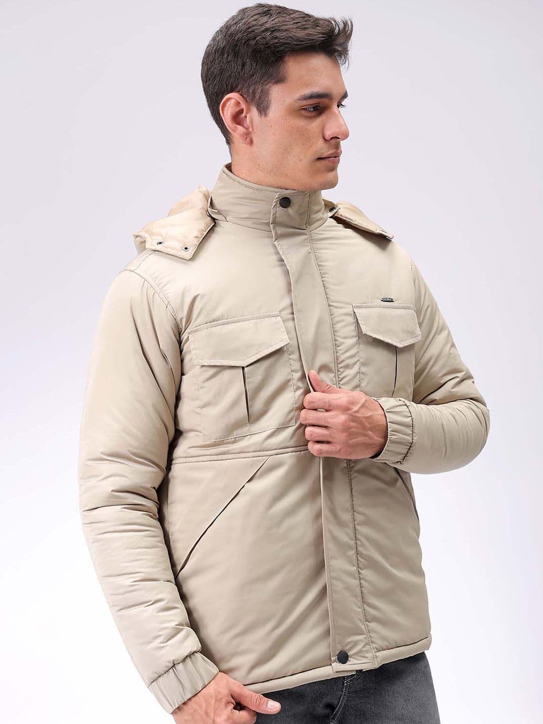 The Indian Garage Co Men Beige Solid Hooded Neck Padded Parka Jacket - view 1