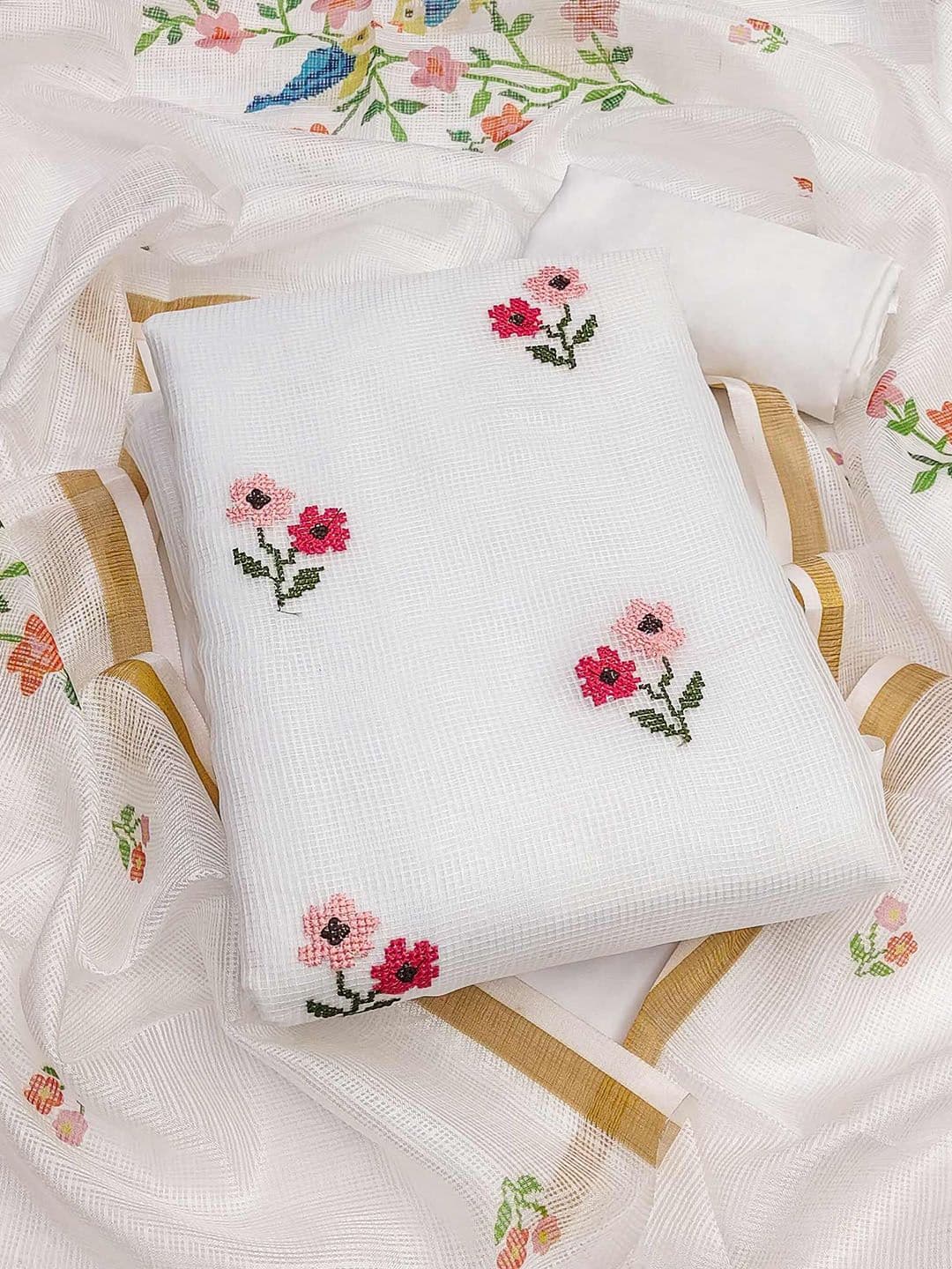 Peachmode Floral Embroidered Kota Doria Unstitched Dress Material - view 1
