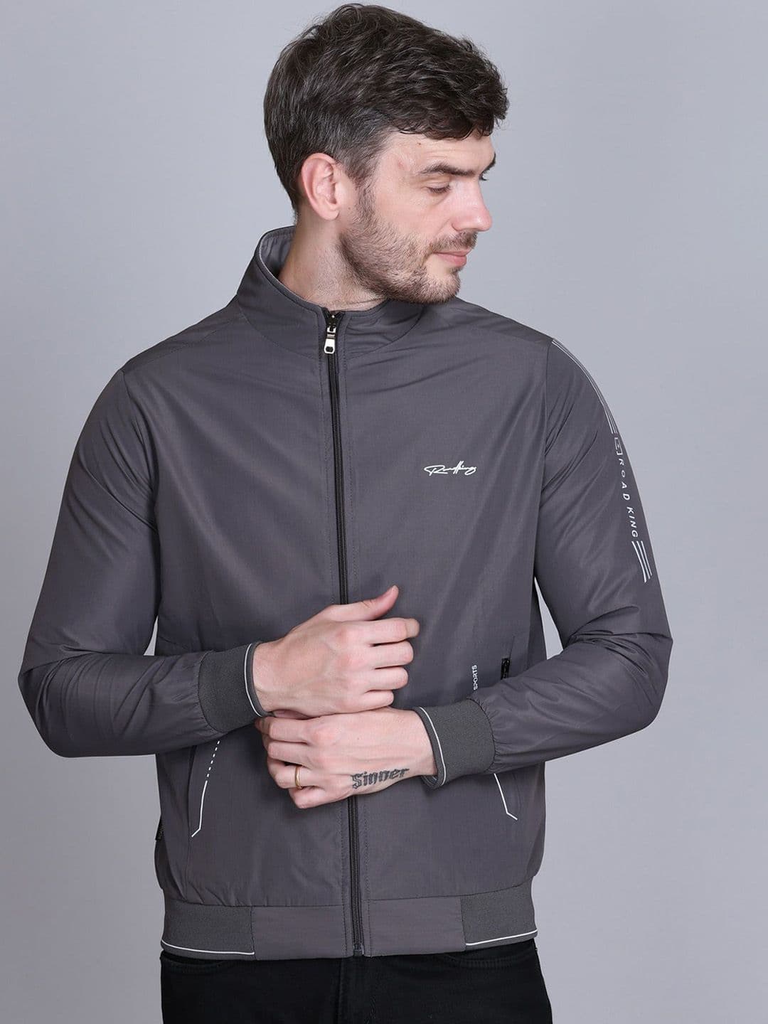 Roadking Men Mock Collar Solid Casual Bomber Jacket - view 1