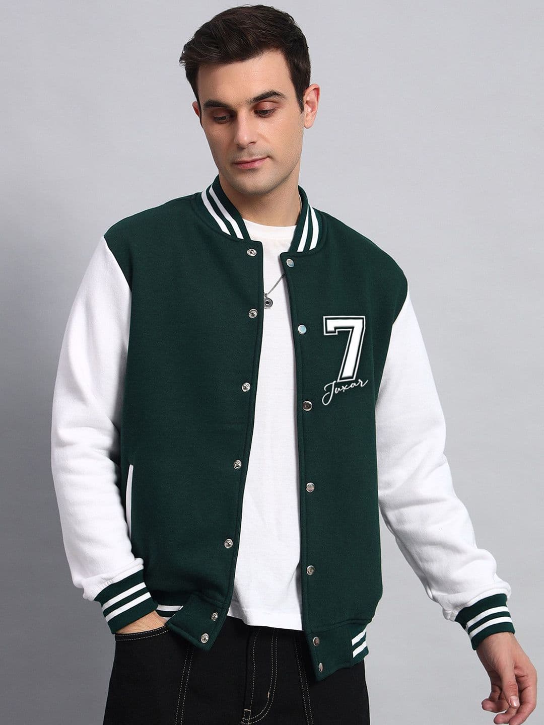 Juxar Men Stand Collar Colourblocked Cotton Casual Varsity Jacket - view 1
