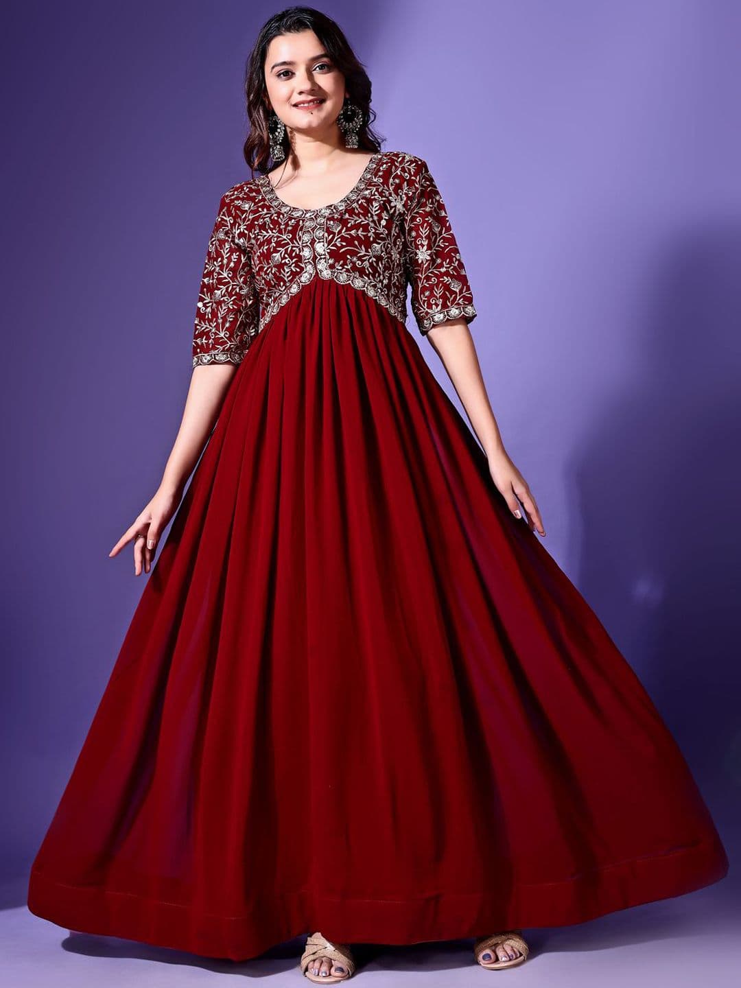 KALINI Floral Embroidered Round Neck Gathered Georgette Fit & Flare Maxi Ethnic Dress - view 1