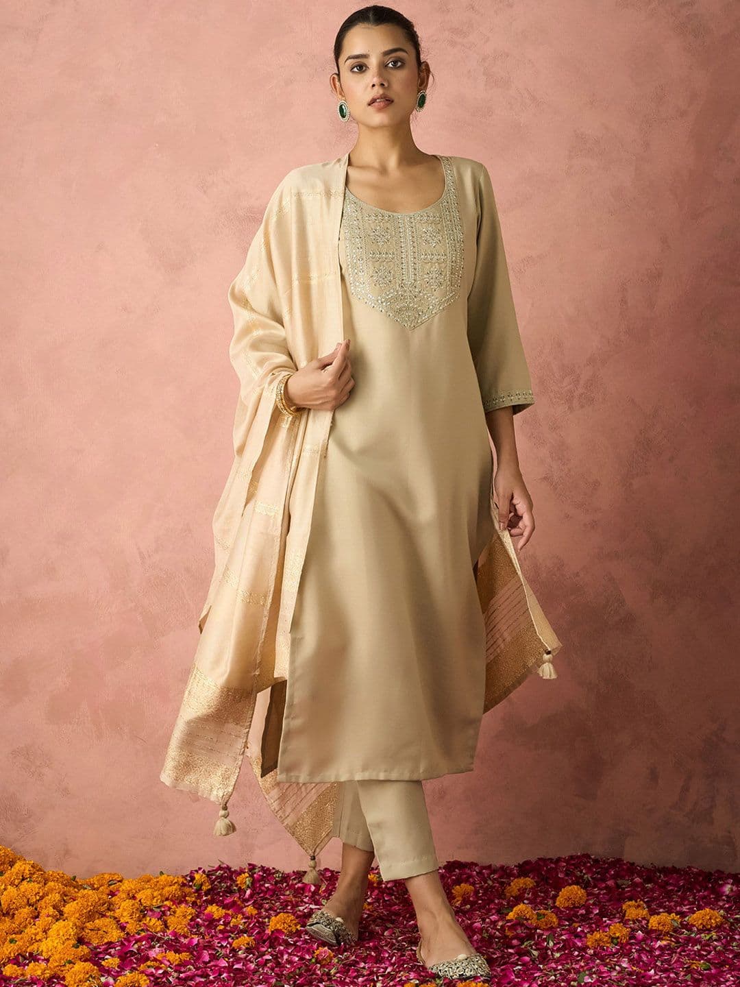 KALINI Ethnic Motifs Yoke Design Straight Thread Work Kurta with Trousers & Dupatta - view 1