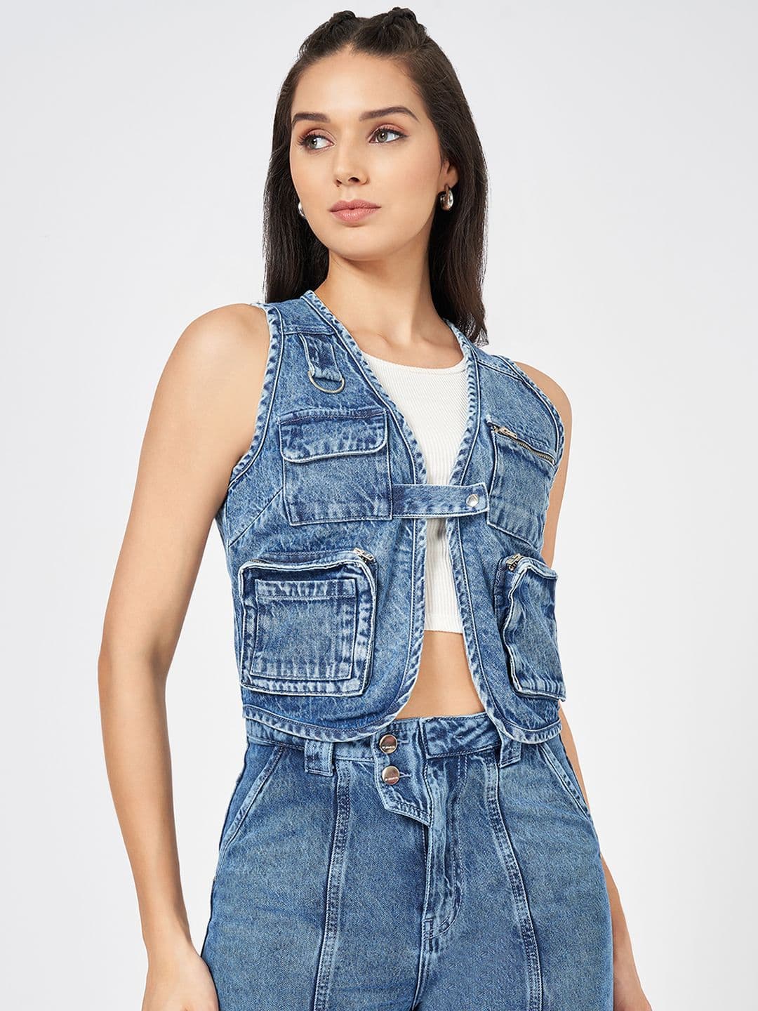SF JEANS by Pantaloons Women Collarless Washed Solid Cotton Casual Denim Jacket - view 1
