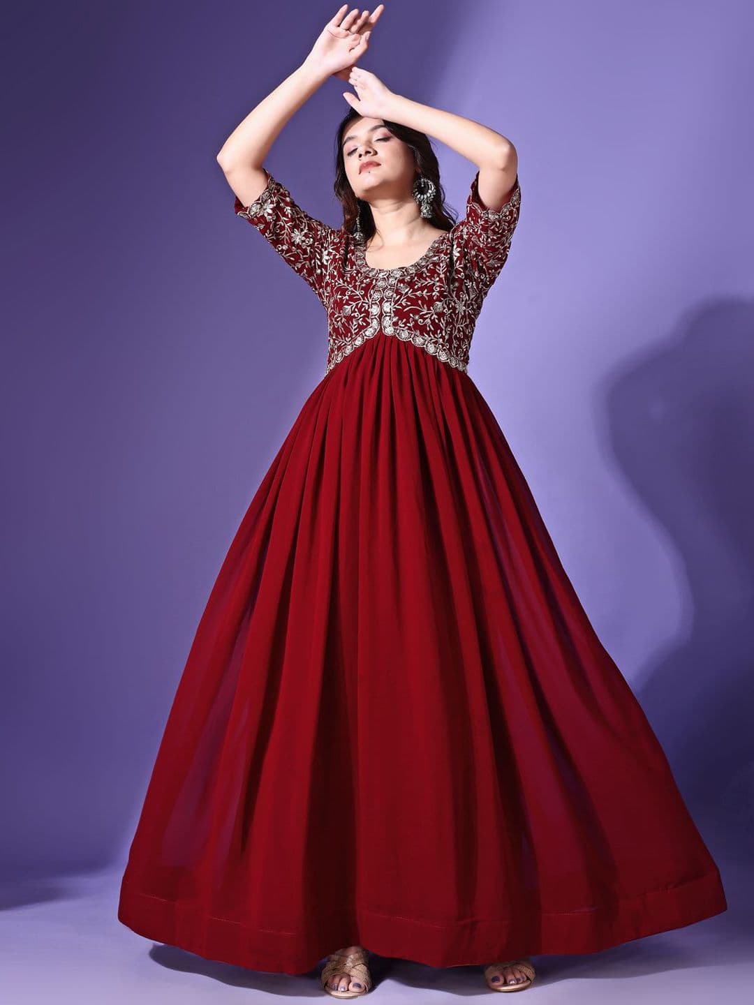 KALINI Floral Embroidered Thread Work Georgette Fit and Flare Ethnic Dress - view 1