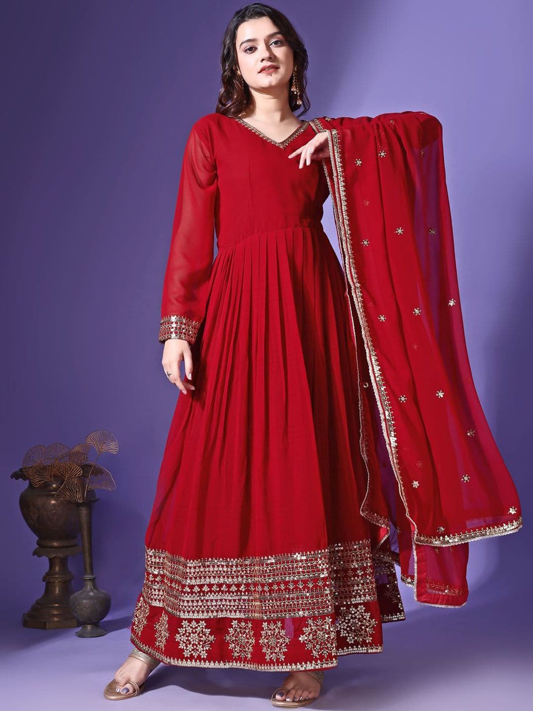 KALINI Embroidered Thread Work V-Neck Georgette Anarkali Kurta with Trouser & Dupatta - view 1