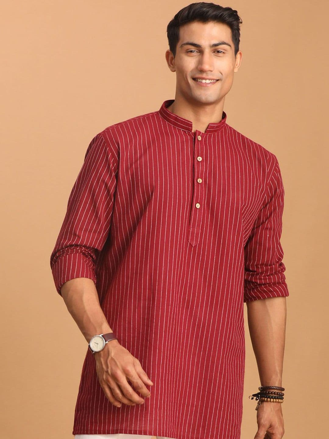 VASTRAMAY Striped Mandarin Collar Cotton Straight Kurta - view 1