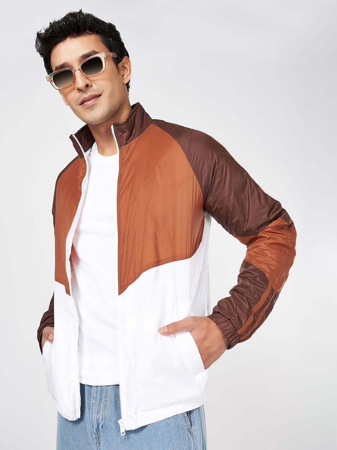 People Men Mock Collar Colourblocked Casual Bomber Jacket - view 1