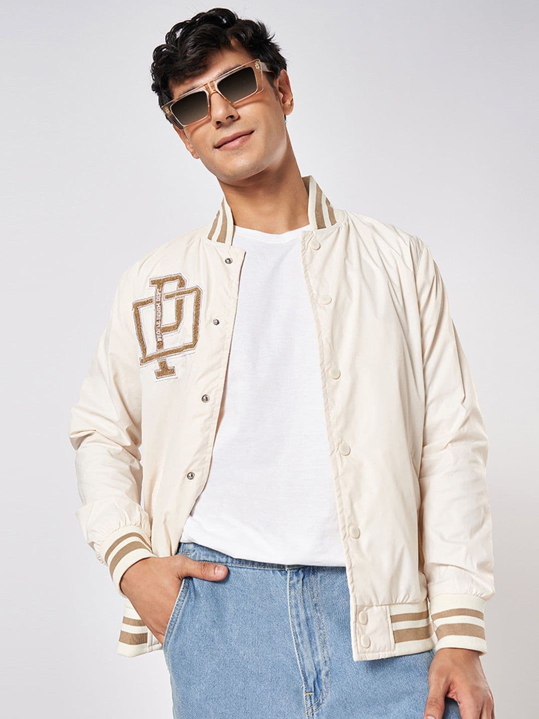 People Men Stand Collar Abstract Printed Casual Varsity Jacket - view 1