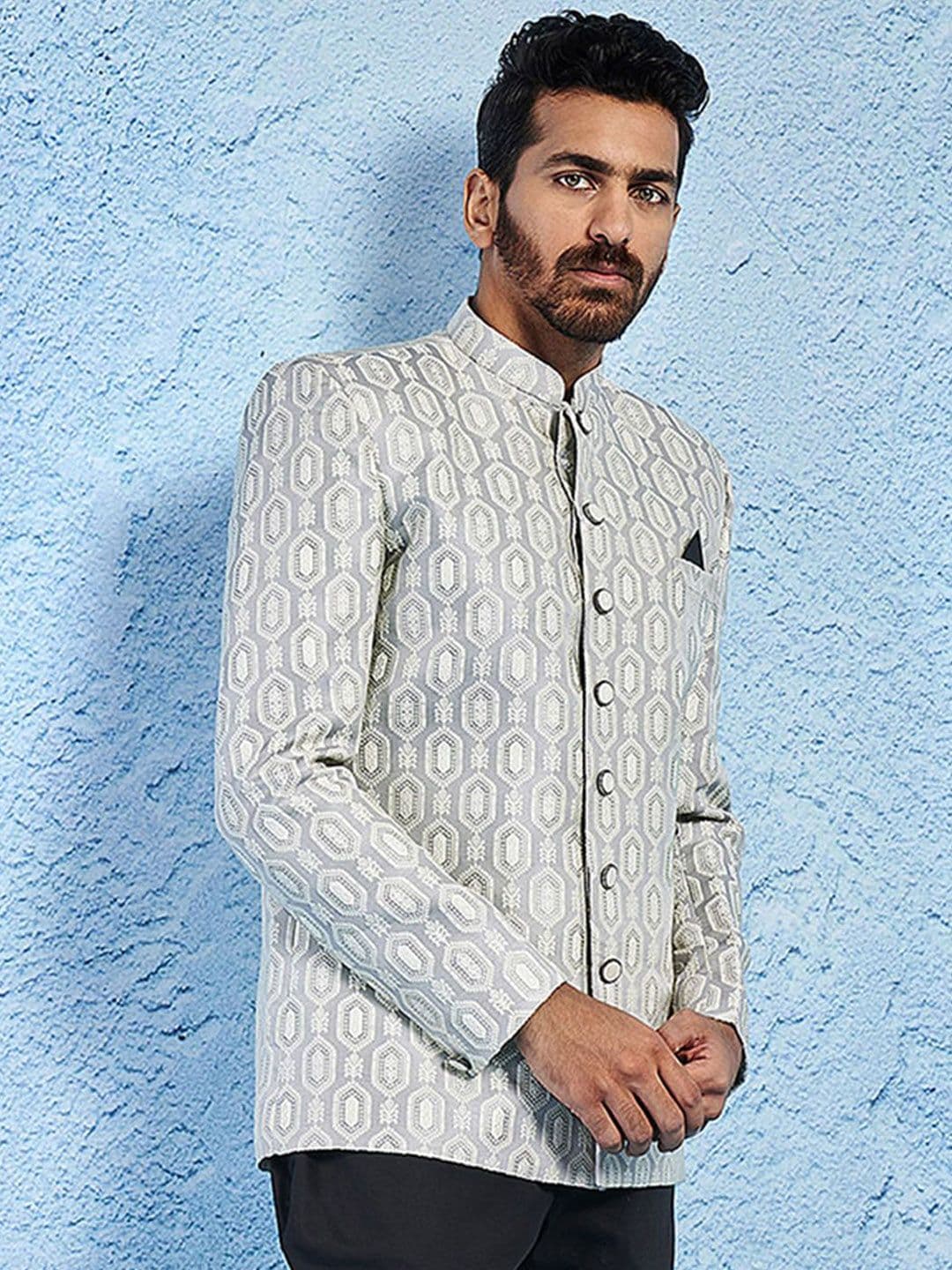 VASTRAMAY Self Design Mandarin Collar Slim-Fit Jacquard Bandhgala Blazers - view 1