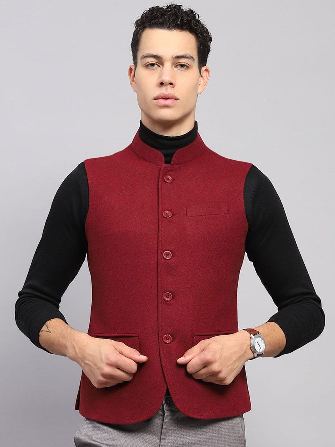 Monte Carlo Men Mandarin Collar Solid Wool Casual Tailored Jacket - view 1