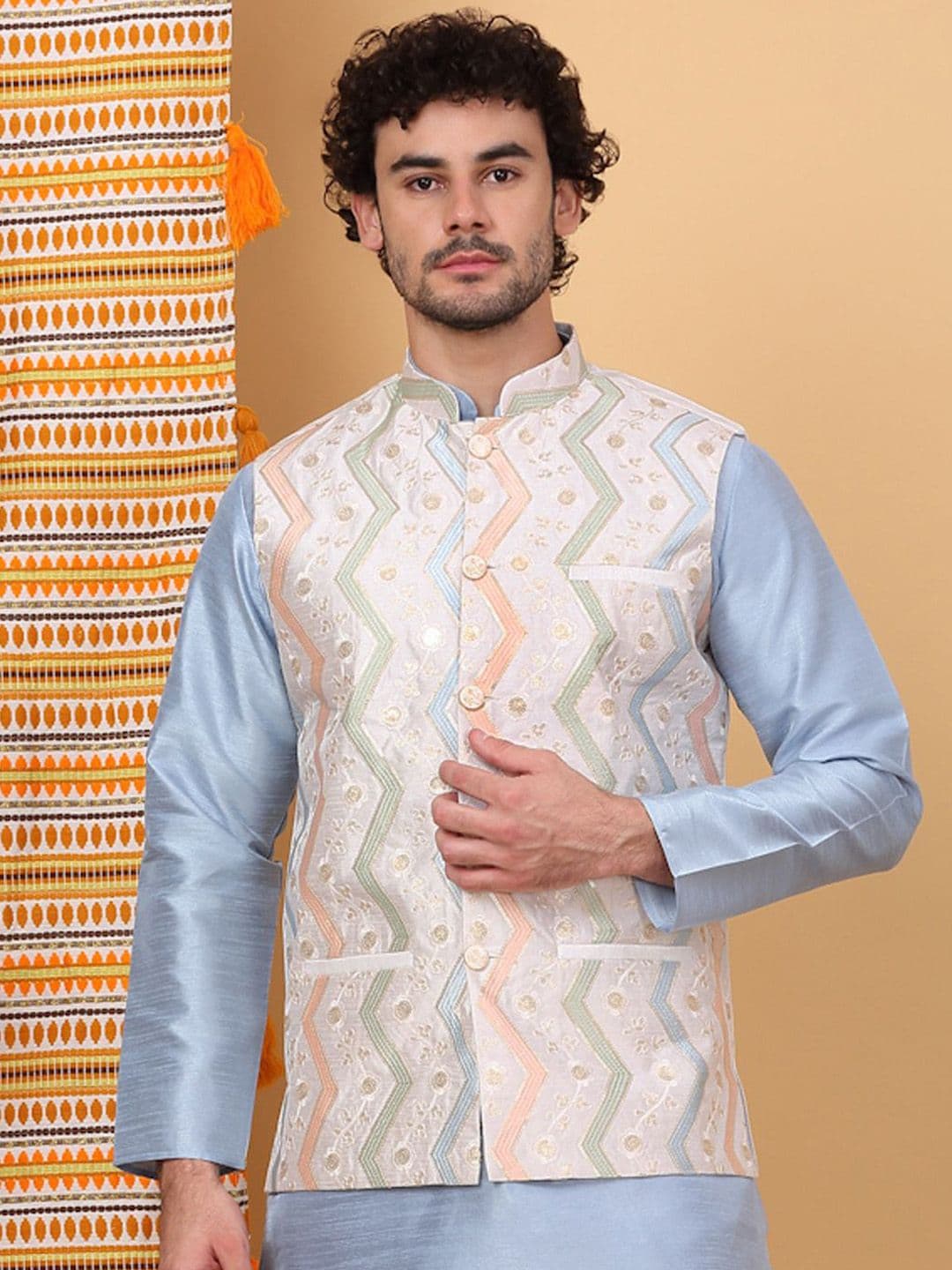 KRAFT INDIA LUXE Chevron Embroidered Woven Nehru Jackets - view 1